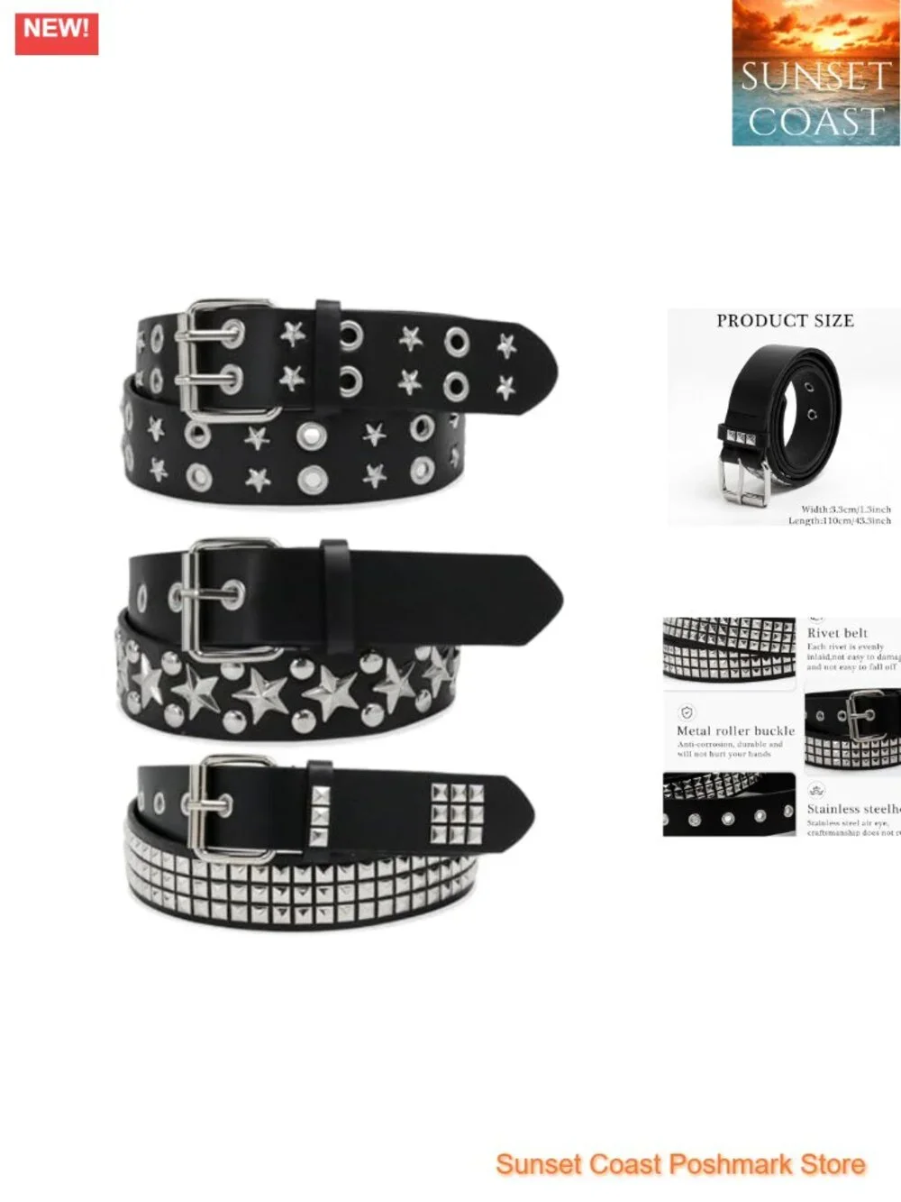 3 Pcs Faux Leather Studded Star Gothic Punk Rock Belts Y2K Belt